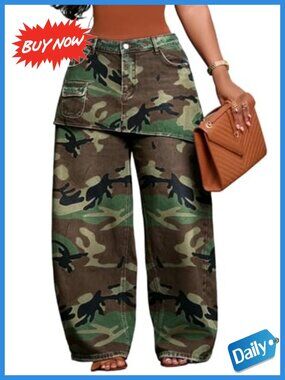 Women Baggy Cargo Jeans High Waisted Wide Leg Skirt Overlay Denim Pants